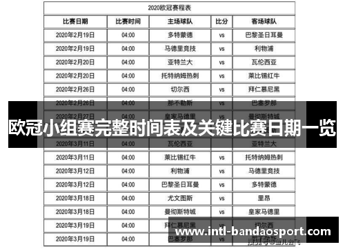 欧冠小组赛完整时间表及关键比赛日期一览