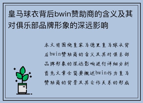 皇马球衣背后bwin赞助商的含义及其对俱乐部品牌形象的深远影响